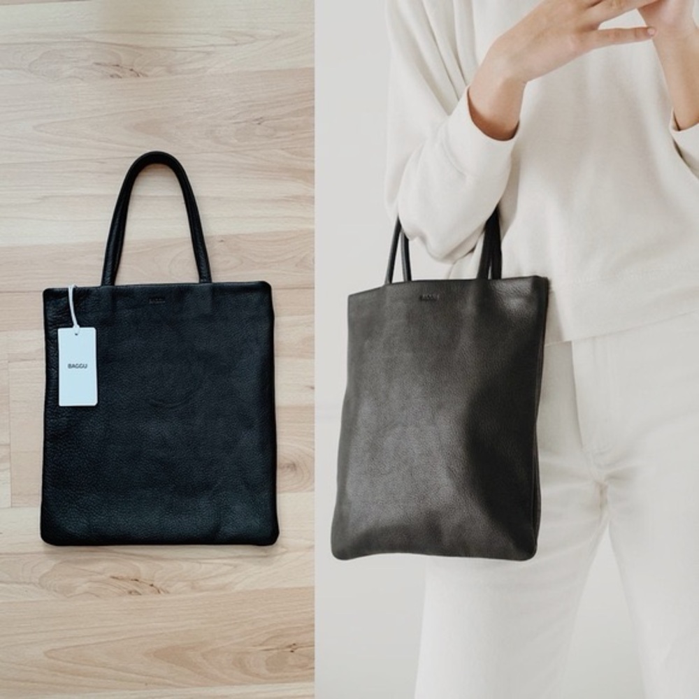 BAGGU Mini Flat Tote Bag Black Leather